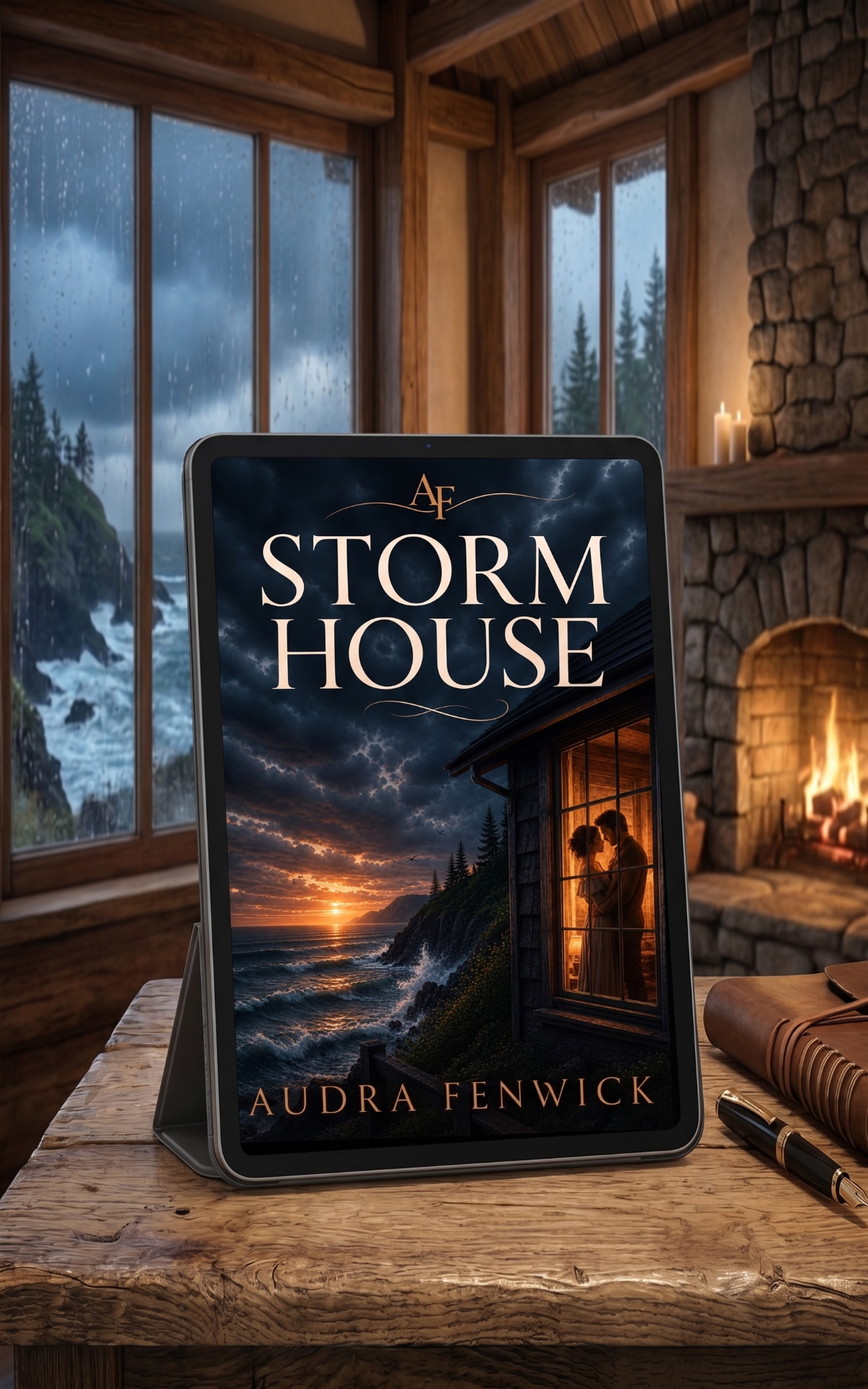 Storm House displayed on a tablet in a warm cabin overlooking the storm-dark coast